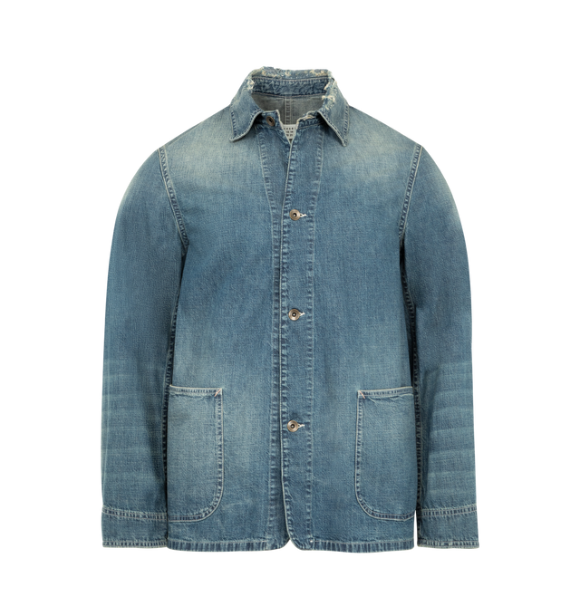 Image 1 of 3 - BLUE - MAISON MARGIELA Denim Caban Jacket featuring 8 oz. japanese denim, distressed details with visible repairs, long sleeves, shirt collar, front closure with buttons and four stitches at the back. 100% cotton. Made in Italy.