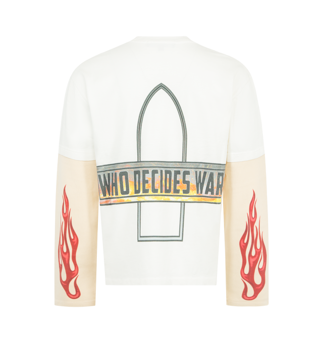Image 2 of 2 - WHITE - WHO DECIDES WAR Flame Glass Double Jersey featuring faded screen printed flame glass motifs, double layer waffle knit sleeves and a boxy, slightly cropped fit. 100% cotton.