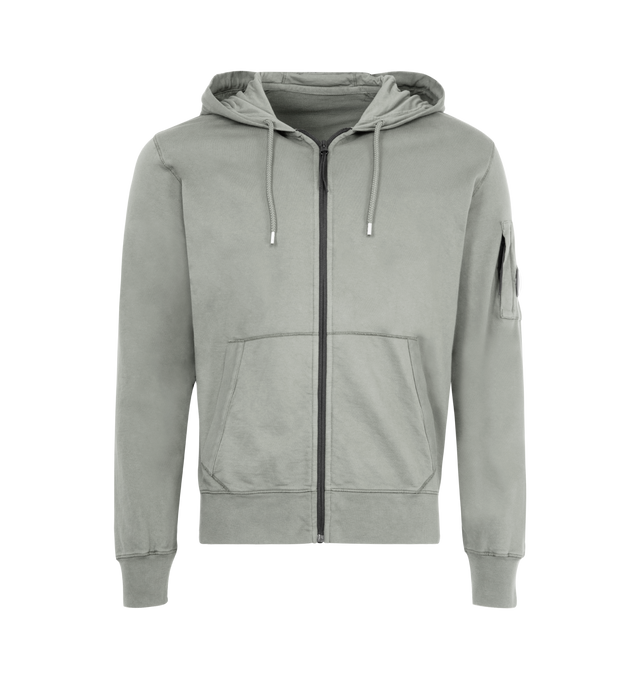 Image 1 of 3 - GREY - C.P. COMPANY Light Fleece Hooded Full Zip Sweatshirt featuring adjustable hood, full zip fastening, lens detail, ribbed cuffs and hem, garment dyed and regular fit. 100% cotton.