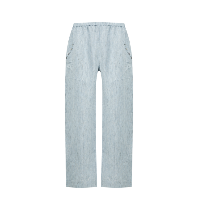 Image 1 of 3 - BLUE - DEIJI STUDIOS Angle Pocket Pant featuring a relaxed low to mid rise, ankle length pant features a soft minimal elastic waist and front seam pockets with button detail in a straight leg. 100% GOTS certified organic, OEKO-TEX 100 certified and EU certified stone washed French linen.