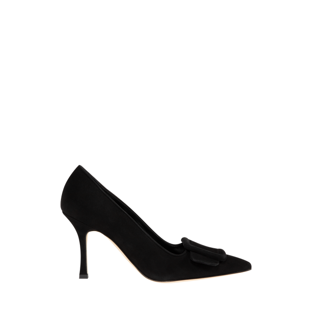 Image 1 of 4 - BLACK - MANOLO BLAHNIK suede pumps with 3.5" stiletto heel, pointed toe with tonal buckle detail, leather lining and leather sole. Made in Italy.