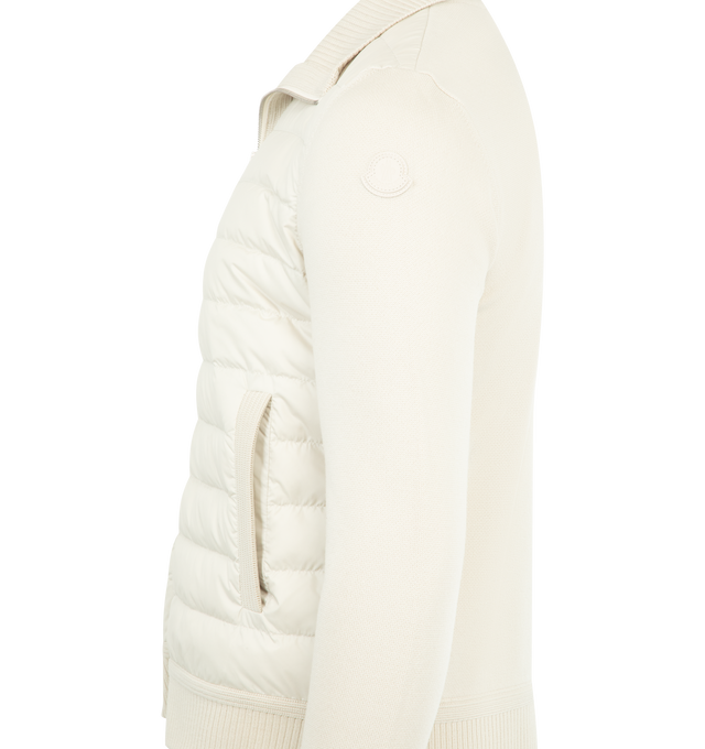 Image 3 of 3 - WHITE - MONCLER Padded Wool Cardigan featuring recycled rainwear lining, down-filled and padded, tricolour hood, waffle stitch, gauge 12, zip closure, welt pockets and logo. 100% polyester. Padding: 90% down, 10% feather. Base fabric: 100% virgin wool.