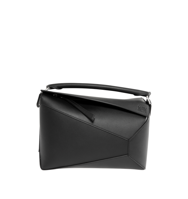 Image 1 of 3 - BLACK - LOEWE Medium Puzzle Edge Bag featuring distinctive geometric lines, cuboid form, shoulder, crossbody or hand carry, detachable and adjustable strap, zip closure with calfskin pull, one external zip rear pocket, two internal slip pockets, herringbone cotton canvas lining and embossed Anagram. Classic calf. Made in Spain.