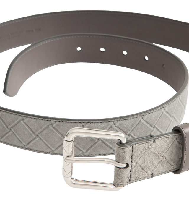 Image 2 of 2 - SILVER - BOTTEGA VENETA Intrecciato Stamp Belt featuring suede with embossed Intrecciato pattern, metal roller buckle and prong closure. Calfskin. Lining: calf leather. Made in Italy.