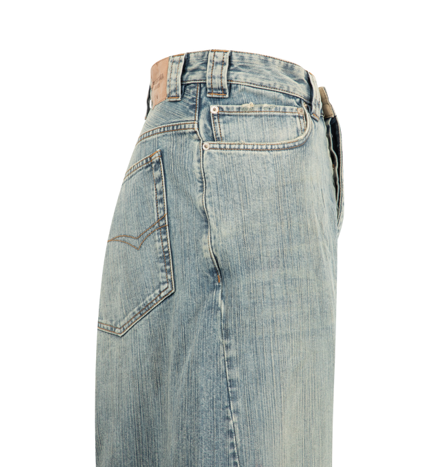Image 3 of 3 - BLUE - BALENCIAGA Baggy Pants featuring Italian ring denim, mid-waist, covered button fly, 5 belt loops, 5 pockets, Balenciaga engraved flex buttons, Balenciaga Jeans embroidered on left leg, Balenciaga Jeans jacron at back and destroyed effect at back legs. 100% cotton. Made in Italy.