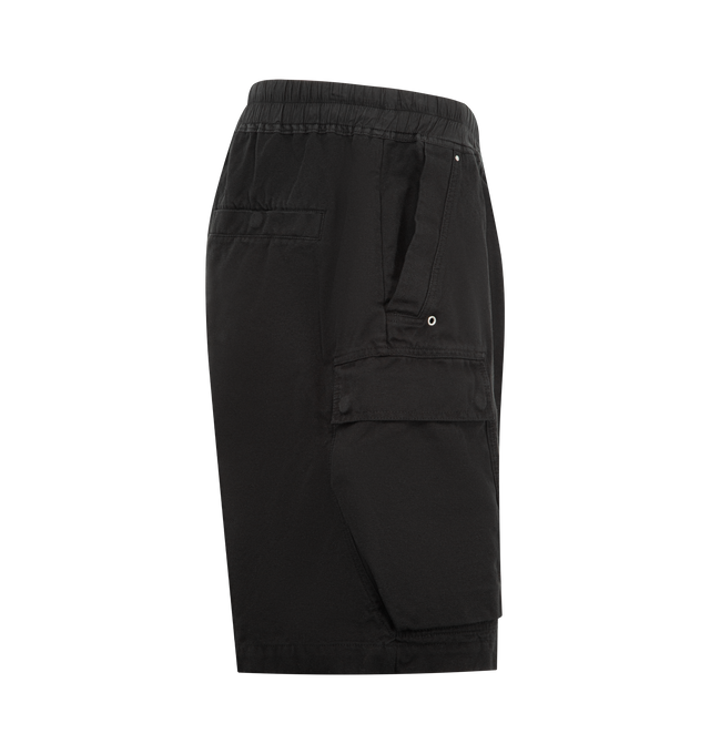 Image 3 of 3 - BLACK - DRKSHDW Cargobela Shorts featuring cargo shorts, overdyed, coated, drawstring at elasticized waistband, four-pocket styling, exposed zip fly, studs, rivets, and grommets at front and cargo pocket at legs. 100% cotton. Made in Italy.
