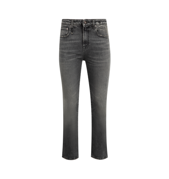 Image 1 of 3 - BLACK - R13 Kick Fit Jean featuring slim straight cropped jean with a subtle flare, made with mid-weight comfort stretch Japanese denim, 5 pocket style and button zip closure. 98% cotton, 2% polyurethane.