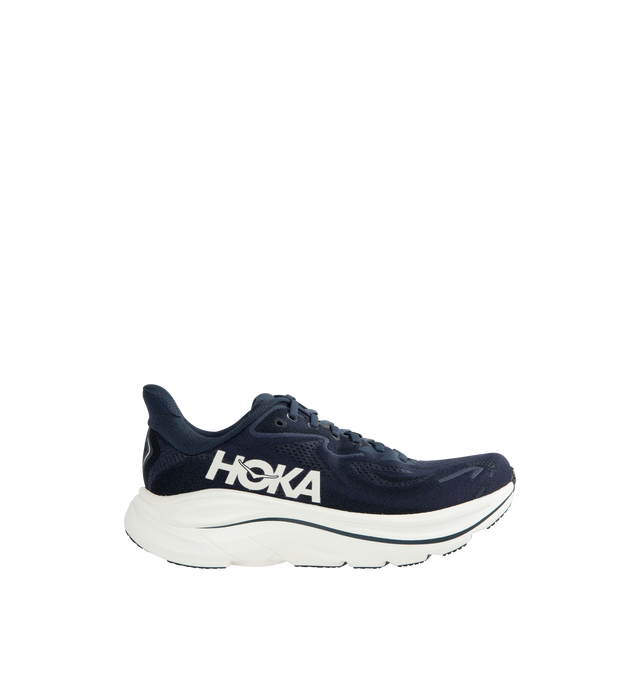 Image 1 of 5 - NAVY - HOKA Clifton 10 Sneaker featuring jacquard knit, reflective upper details, smooth MetaRocker, rearfoot-focused Active Foot Frame, CMEVA midsole, molded EVA sockliner and inherently durable abrasion rubber.