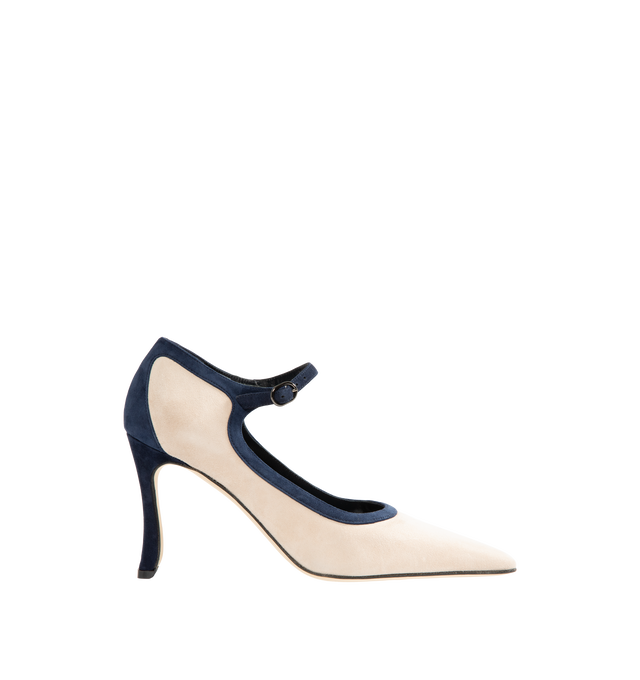 Image 1 of 4 - NEUTRAL - Manolo Blahnik Women's Churla 90 Pumps are crafted from kid suede and feature an almond toe, contrasting navy heel counter, edging, and ankle strap with a buckle closure, finished with a sculptural 90mm angular heel. These designer suede pumps combine exceptional Italian craftsmanship with timeless Mary Jane styling, making them an elegant choice for both day and evening wear. Main Material: 100% Kid Suede. Lining: 100% Kid Leather. Sole: 100% Calf Leather. Heel Height: 90mm. Made i
