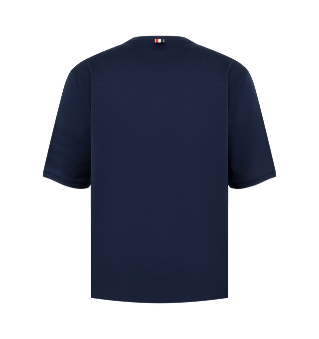 Image 2 of 3 - BLUE - Thom Browne Mens Jersey Ottoman 4-Bar T-Shirt is crafted from cotton jersey and features a rib-knit crew neckline, tonal ottoman-stitch 4-bar detailing at the sleeve, rib-knit cuffs, side vents with signature RWB grosgrain trim, a stepped hem, name tag appliqu, and the signature striped grosgrain loop tab. This designer cotton T-shirt combines a classic crewneck silhouette with iconic Thom Browne detailing for elevated everyday wear. Main Material: 100% Cotton; Combo 1: 87% Cotton, 12%