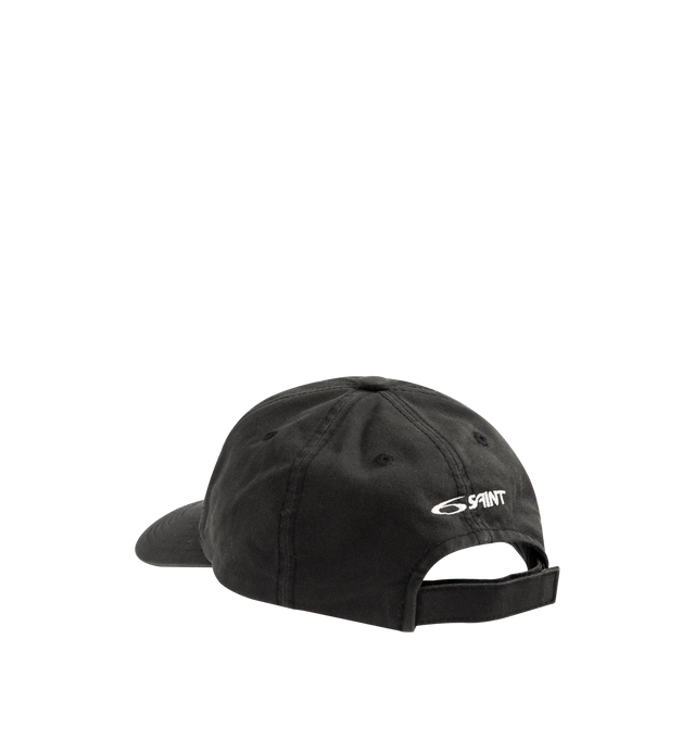 Image 2 of 2 - BLACK - SAINT MICHAEL Saint 6 Cap featuring 6-panel cap, embroidery details on from and back, woven eyelets, adjustable velcro strap on back and curved brim. 100% cotton.