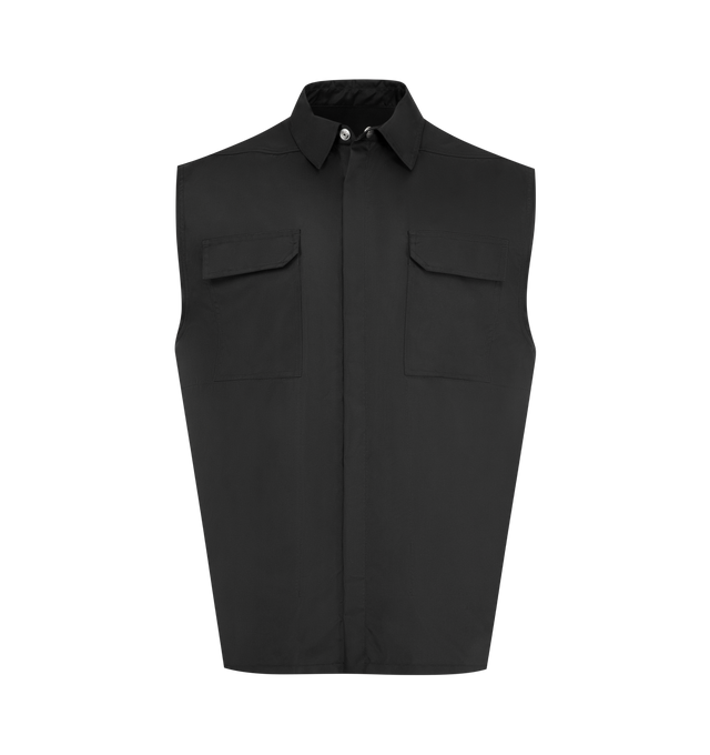 Image 1 of 2 - BLACK - RICK OWENS Jumbo SL Overshirt featuring sleeveless boxy fit, two front flap pockets, classic collar and snap button closure. 97% nylon, 3% polyurethane. Made in Italy.