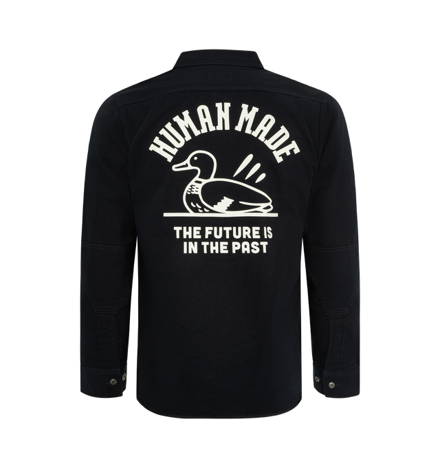 Image 2 of 3 - NAVY - HUMAN MADE Work Shirt featuring a regular fit, thick, double-sided brushed cotton twill, buckle with a duck graphic, two flap pockets on the front, Heart logo patch above the left chest pocket, chain-stitched brand logo above the right chest pocket, metal buttons provide a design accent and single-color elbow patches. 100% cotton.