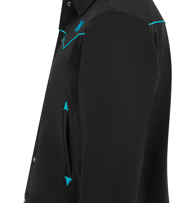Image 3 of 3 - BLACK - NEEDLES Piping Cowboy Jacket featuring snap button closure, piping details at yoke and cuffs, embroidered logo at chest and rear and two side pockets. 89% polyester, 11% polyurethane. Made in Japan.