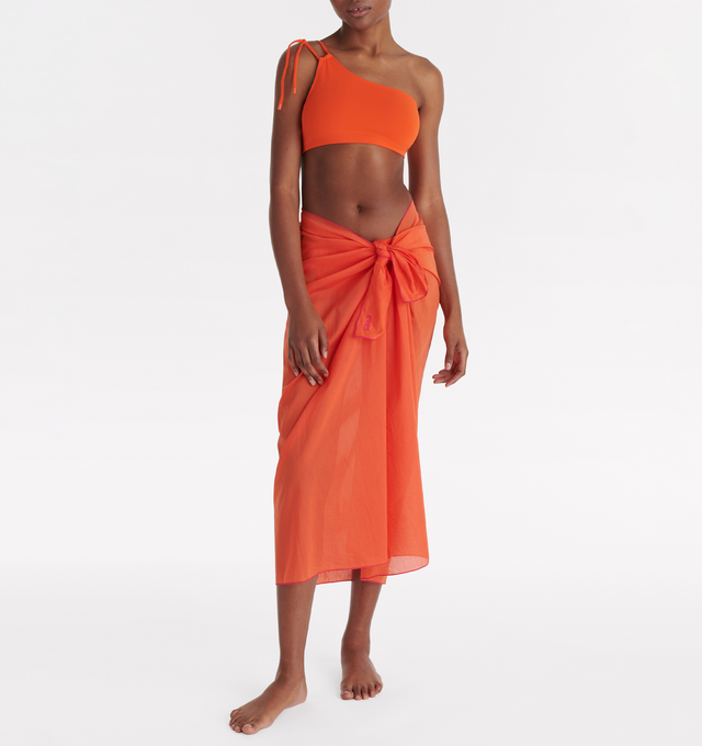 Image 2 of 4 - ORANGE - ERES Cabine Sarong featuring contrasting trims and ERES logo in the lower right corner. Dimensions: 100x150cm. 100% Cotton. Made in Bulgaria. 