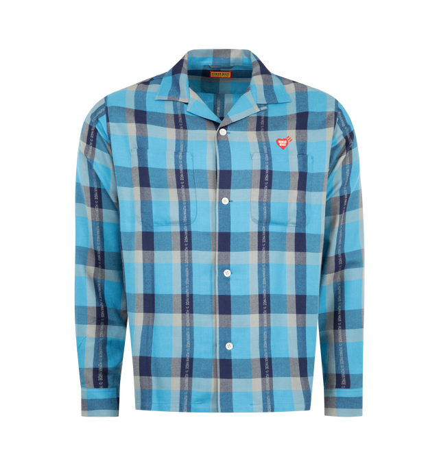 Image 1 of 2 - BLUE - HUMAN MADE Open Collar Check Shirt featuring box-silhouette, open collar, long sleeves, check pattern, jacquard brand logo, heart logo patch on the left chest, two chest pockets and logo print on back. 100% rayon. Made in Japan.