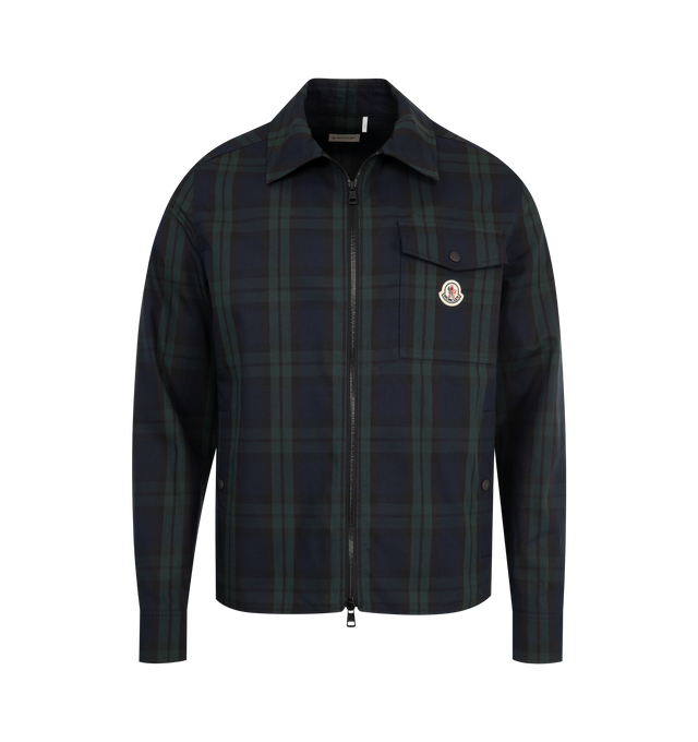 Image 1 of 3 - NAVY - MONCLER Checked Cotton Gabardine Shirt featuring check cotton gabardine, collar, long sleeves, zipper closure, pockets with snap button closure, chest pocket and logo patch. 100% cotton.
