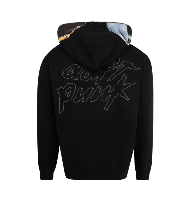 Image 2 of 3 - BLACK - PLEASURES X DAFT PUNK Ram Zip Hoodie featuring front dual zip closure, attached hood with printed design, front slip pockets, back embroidered slogan, embroidered logo at cuff and heavyweight knit fleece fabric. 100% cotton.