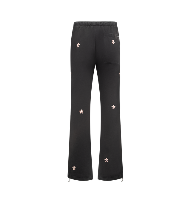 Image 2 of 4 - BLACK - NAHMIAS Flower Groms Sweatpants featuring a relaxed, wide-leg silhouette, embroidered flowers, drawstring waist, back patch pocket and pull on style. 100% cotton. Made in USA.