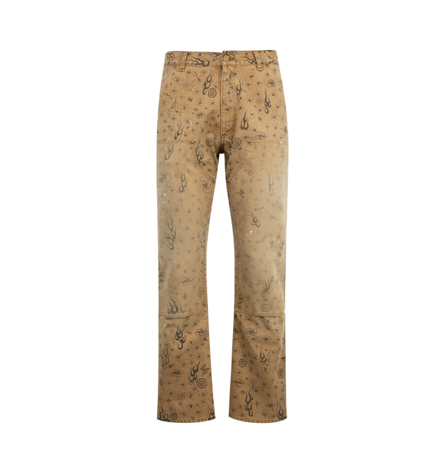 Image 1 of 3 - BROWN - SAINT MICHAEL Double Knee Pant Dr. Woo featuring zip button closure, 4 pocket styling, straight leg and print throughout.