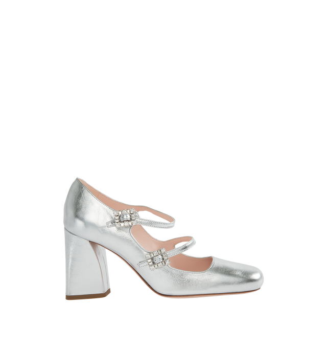 Image 1 of 4 - SILVER - ROGER VIVIER Mini Trs Vivier Strass Buckle Babies Pumps featuring crinkled effect metallic finishing, rounded toe, double front strap and mini crystal buckles. Heel 3.3in. Leather upper. Leather insole and outsole. Made in Italy. 
