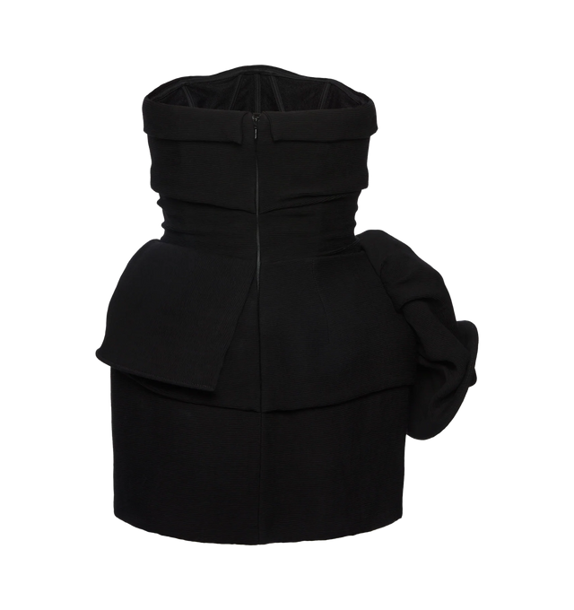 Image 2 of 2 - BLACK - MAGDA BUTRYM Strapless Mini Dress featuring sculptural peplum, mini length, an internal corset, defined at the waist with a wide asymmetric peplum that wraps from the back to the front, ending in a voluminous floral twist on the side, hips are subtly accentuated with padding for shape, fastens at the back with a concealed zipper and internal corset closes with hook-and-eye tape. 90% viscose, 10% polyamide. Lining: 100% silk.