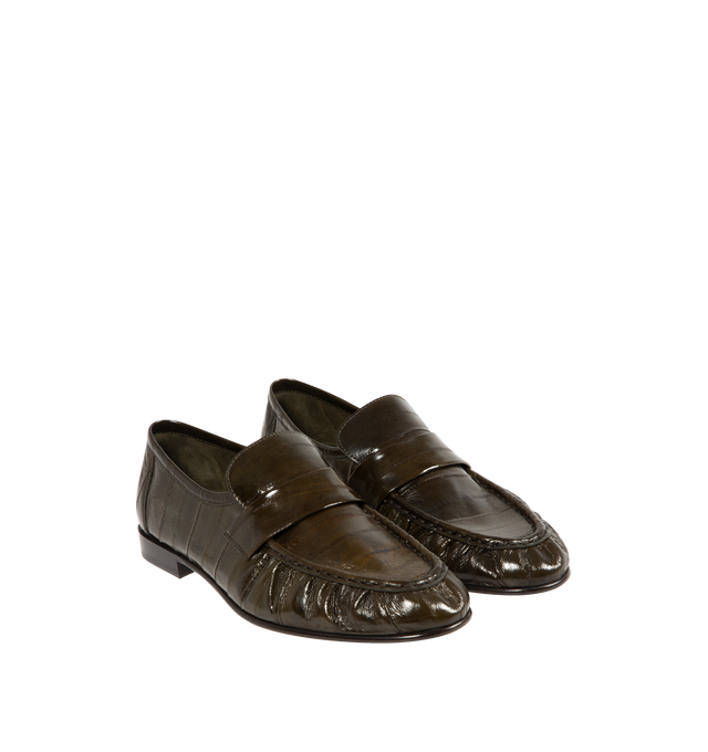 Image 2 of 4 - GREEN - THE ROW Soft Loafer featuring artisanally-crafted loafer in paneled eelskin leather with natural pleating effect and hand-painted leather sole. 0.79 in. heel. 100% eelskin leather. Made in Italy.