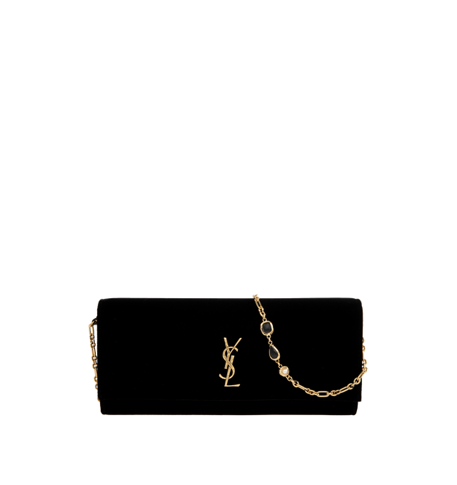 Image 1 of 3 - BLACK - Saint Laurent Women's Kate Clutch is crafted from velvet and features a sleek evening silhouette adorned with the iconic Cassandre logo. Designed with a removable jewelry chain strap with bezel-set cabochon links, a magnetic snap closure, one flat pocket, and one card slot, allowing it to be worn on the shoulder or carried as a clutch. Main Material: 63% Viscose, 27% Cupro, 10% Brass. Lining: Leather. Dimensions: 28 cm W 12 cm H 4 cm D. Strap Drop: 36 cm. Fits: Phone, cardholder, ke