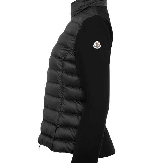 Image 4 of 4 - BLACK - MONCLER Zip-Up Cardigan featuring longue saison lining, down-filled longue saison front, stand collar and zipper closure. 100% polyamide/nylon. 100% virgin wool. Padding: 90% down, 10% feather.