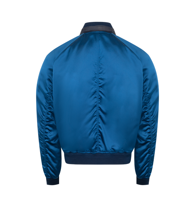 Image 2 of 3 - BLUE - TOM FORD Structured Silk Satin featuring front zip closure, stand collar, ribbed collar, hem and cuffs and half lined. 100% silk. Made in Italy.