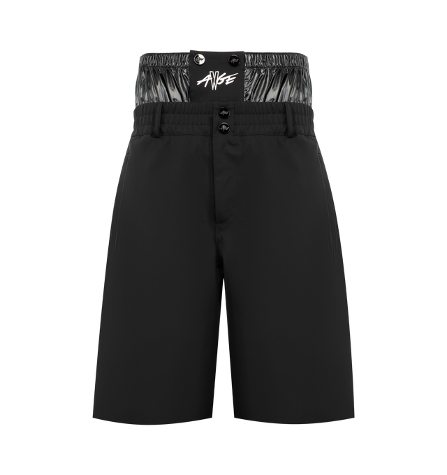 Image 1 of 3 - BLACK - Moncler x A$AP Rocky Logo Print Shorts featuring 3L 4-way stretch nylon, waistband with gaiter, snap button and zipper closure, pockets with snap button closure, logo print and logo patch. 87% polyamide/nylon, 13% elastane/spandex. Padding: 100% polyester.