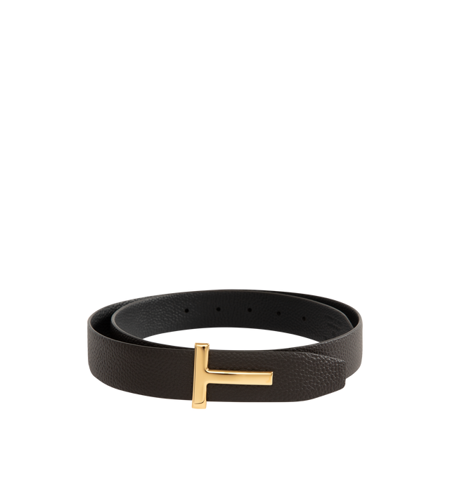 Image 1 of 2 - BLACK - TOM FORD Reversible T Icon Belt featuring reversible grained leather belt and logo hardware at post-stud fastening. W1.5". Leather. Made in Italy.
