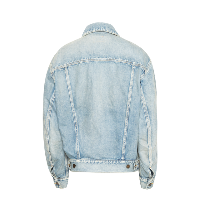 Image 2 of 3 - BLUE - SAINT LAURENT Neo Egg Shape Denim Trucker Jacket featuring front button closure, spread collar, one-button cuffs, chest button-flap patch pockets, front welt pockets and adjustable button side tabs. 100% cotton. 