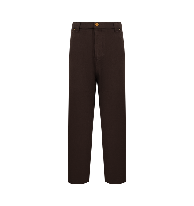 Image 1 of 3 - BROWN - WILLY CHAVARRIA Bad Boy Jean featuring a high-rise fit, tapered leg, leather WILLY patch, a gold button fly closure, W belt loops, and a signature key loop. 100% cotton denim. Made in the USA.