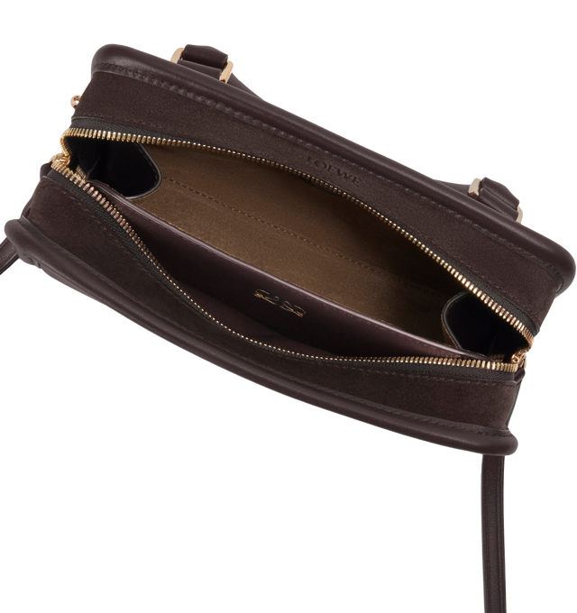 Image 11 of 13 - BROWN - LOEWE Mini Amazona 180 Bag in suede featuring a relaxed silhouette anchored by a single toron top handle, designed to be carried open, while a concealed closure secures the main compartment, removable shoulder and crossbody straps, two carry options: short handle, removable and adjustable crossbody strap, zip closure with two leather zip pullers, two compartments, main compartment closed with magnetic closure, left side d-ring for customization, suede and nappa lambskin lining, embo