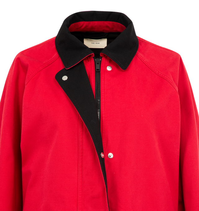 Image 4 of 4 - RED - THE ROW Elodianna Jacket featuring cotton canvas jacket, spread collar, concealed zip closure with press-stud placket, concealed bungee-style drawstring at waist, welt and flap pockets, raglan sleeves, storm flap at back and unlined. 100% cotton. Made in Italy.