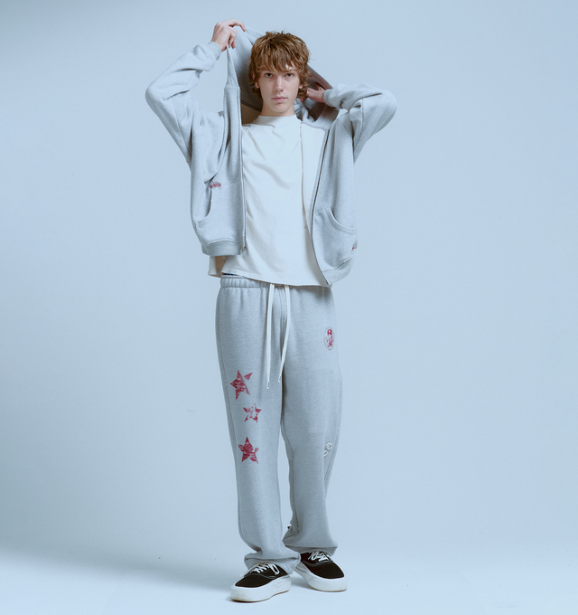 Image 2 of 6 - GREY - NAHMIAS Youth Enrichment Wide Sweatpant featuring elastic waist with drawstring, wide leg, relaxed fit, side pockets, back patch pocket and elastic hem. 100% cotton.
