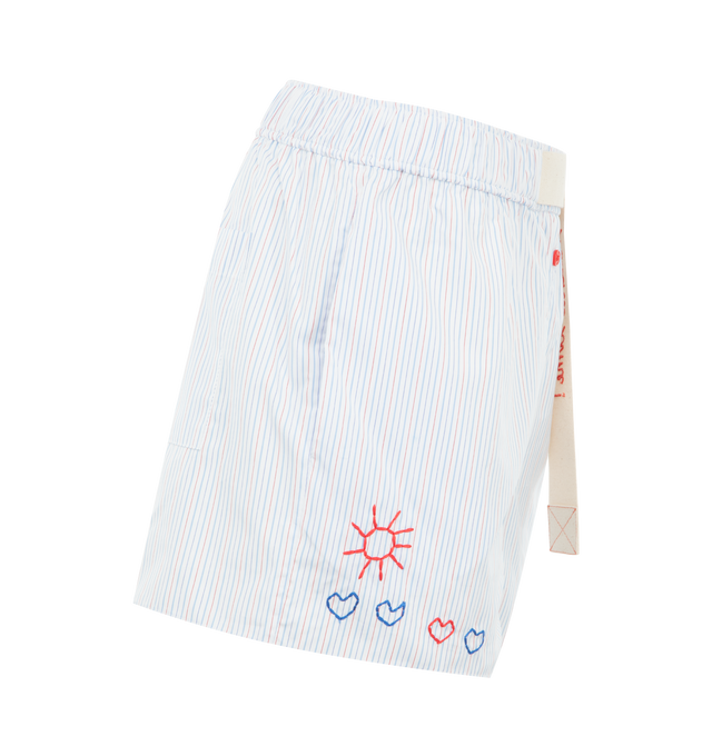 Image 3 of 3 - BLUE - MIRA MIKATI Embroidered Stripe Shorts featuring boxer-inspired shorts, stripes throughout, lightweight, embroidered hearts and a Matcha time grosgrain tape detail. 100% cotton.