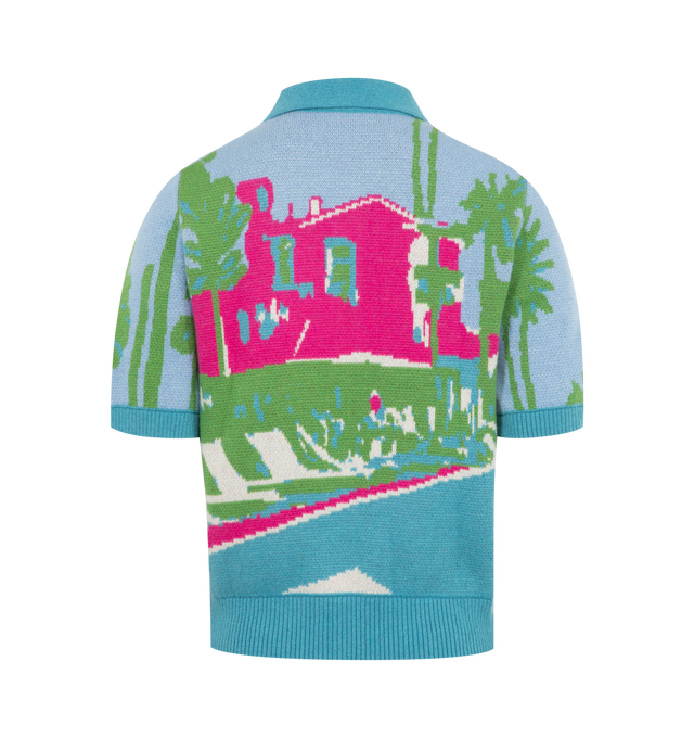 Image 2 of 2 - BLUE - LIBERTINE Poolside Polo Sweater featuring relaxed fit, lightweight knit, front three button closure at neckline and graphic throughout. 100% cashmere. Made in USA.