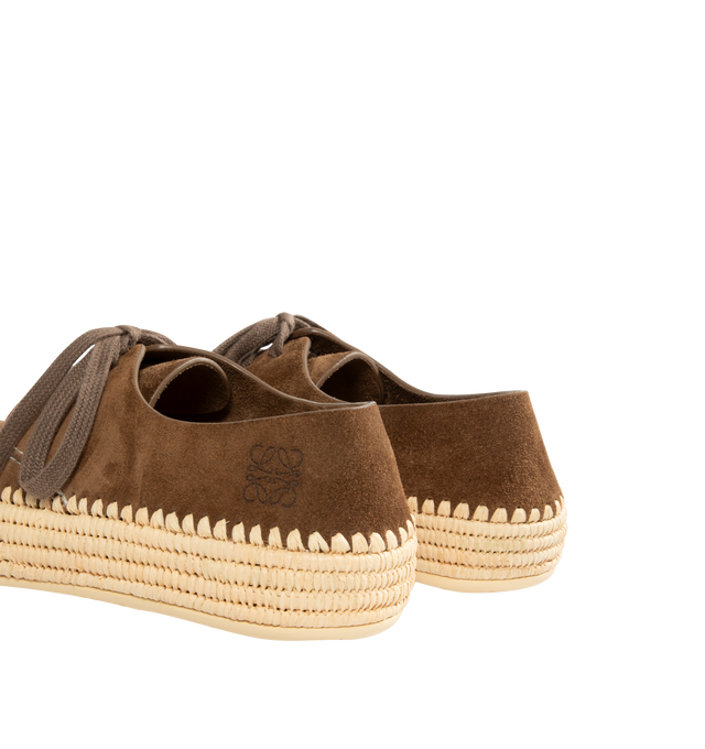 Image 3 of 5 - BROWN - LOEWE Rio Lace-Up Shoe featuring lace-up in suede with a natural raffia sole and a signature petal toe shape, 5mm heel, anagram embossed on the upper, extra-padded insole, Anagram-embossed rubber outsole and suede bonding. Suede/Raffia. Made in Spain.