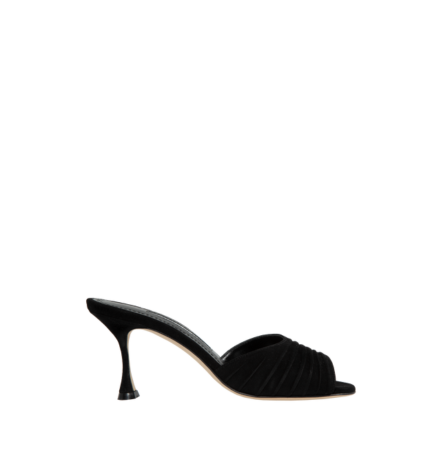 Image 1 of 4 - BLACK - MANOLO BLAHNIK PIRRUA MULE 70MM featuring suede open toe mules, ruched details and flared mid heel. 70MM. 100% kid suede. 