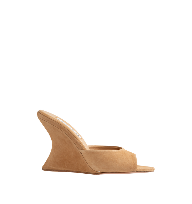 Image 1 of 4 - NEUTRAL - Aquazzura Bisous mules are crafted from suede featuring a peep-toe silhouette, sculptural 95mm / 3.8 inch high wedge heel, leather lining, leather insole and sole. Made in Italy.