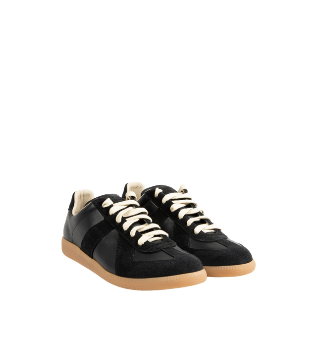 Image 2 of 5 - BLACK - Maison Margiela Replica Sneakers featuring lace-up sneakers in nappa leather and crust leather, contrasting sole, Maison Margiela logo label on the tab, internal Replica label, internal elastic and all-over Maison Margiela logo insole. 100% calf leather. Sole: 100% rubber. Made in Italy.