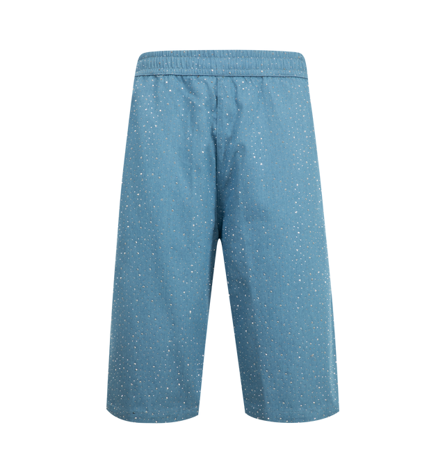 Image 1 of 3 - BLUE - PLEASURES Glitter Baggy Denim Shorts featuring rhinestone denim, elasticized waistband, concealed drawstring, two side pockets, one back welt pocket and woven label. 80% cotton, 20% polyester.