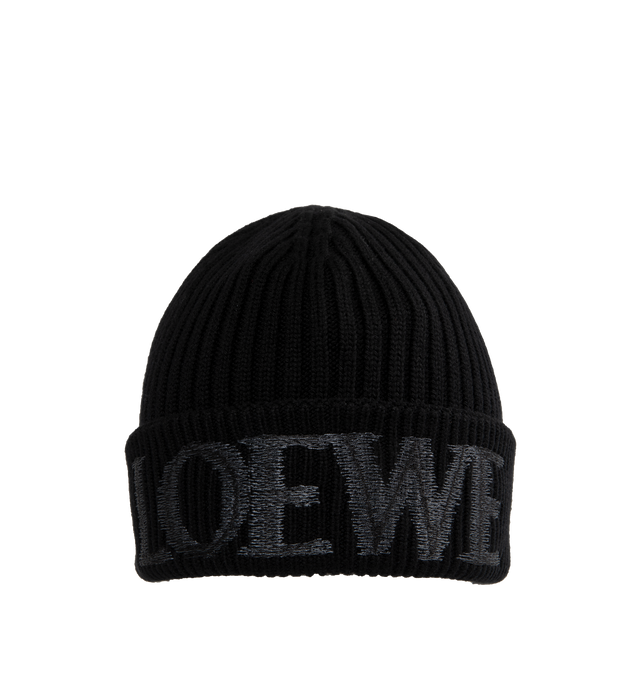 Image 1 of 2 - BLACK - LOEWE Wool Beanie featuring medium-weight ribbed wool knit, regular length, turn-up cuff and blurred LOEWE embroidery placed at the front. Wool. Made in Italy.