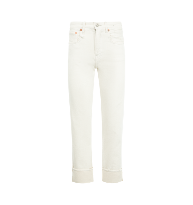 Image 1 of 3 - WHITE - R13 Cuffed Romeo Jeans featuring straight cut, belt loops, button zipped closure, rolled trousers, waist logo leather, retro gold logo carved hardware and beige and tan contrast stitching. 100% cotton.