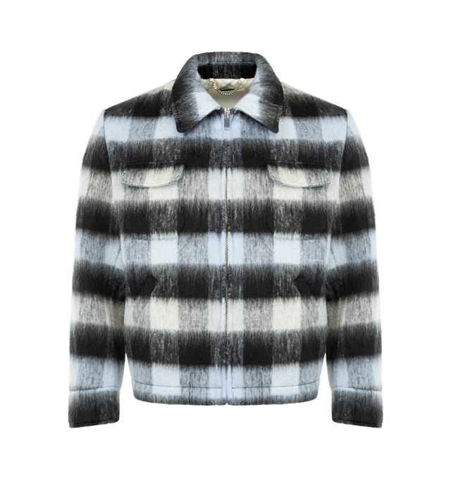 Image 1 of 3 - BLUE - SECOND LAYER Jefe Jacket featuring relaxed fit, hip length jacket, a wool blended vintage inspired shadow check, zip front, chest flap pockets and welted front pockets. 70% polyester, 30% wool. Made in Italy.Size5244