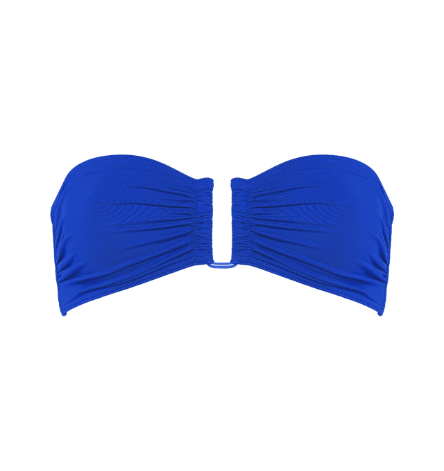 Image 1 of 6 - BLUE - ERES Show Bandeau Bikini Top featuring bust shirring at front and sides, U-shaped metal link between cups, side stays and branded large back clasp. 84% Polyamid, 16% Spandex. Made in Italy. 