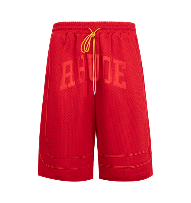 Image 1 of 3 - RED - RHUDE Baggy Collegiate Logo Short featuring poly mesh, logo running across the front legs, side slit pockets, patch pockets on the back, extended drawstrings and tonal piping detail. 100% polyester.100% POLY