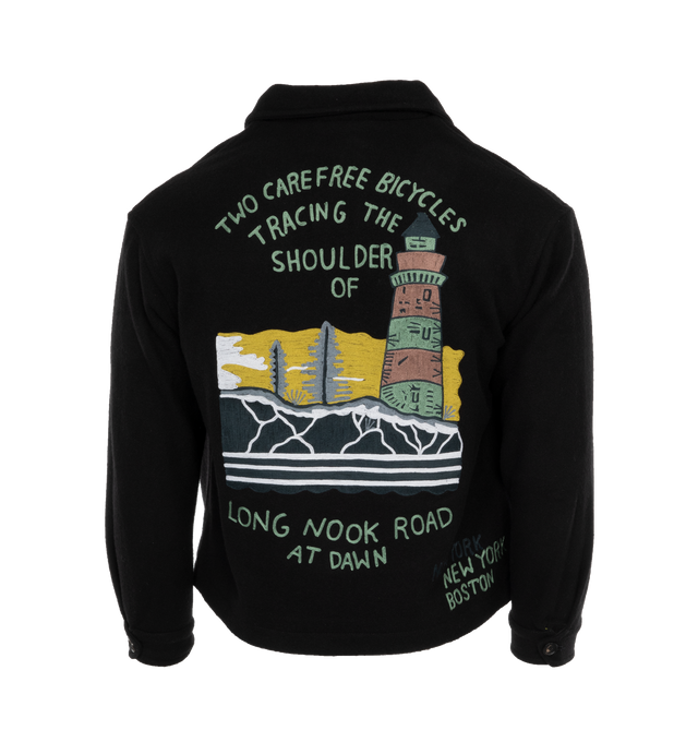 Image 2 of 4 - BLACK - BODE Embroidered Lighthouse Jacket featuring a chain-stitched "New York" and "Boston" on the front and an embroidered lighthouse on the back, zip front closure, boxy fit and collar. 100% wool. Made in India. 